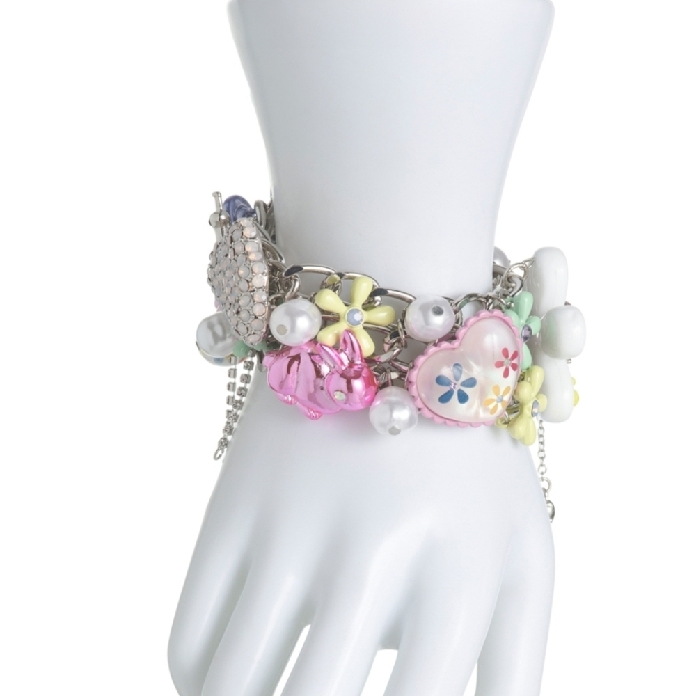 💕▪️Betsey Johnson ▪️ Multicolor Silver Plated Flower Toggle Charm Bracelet